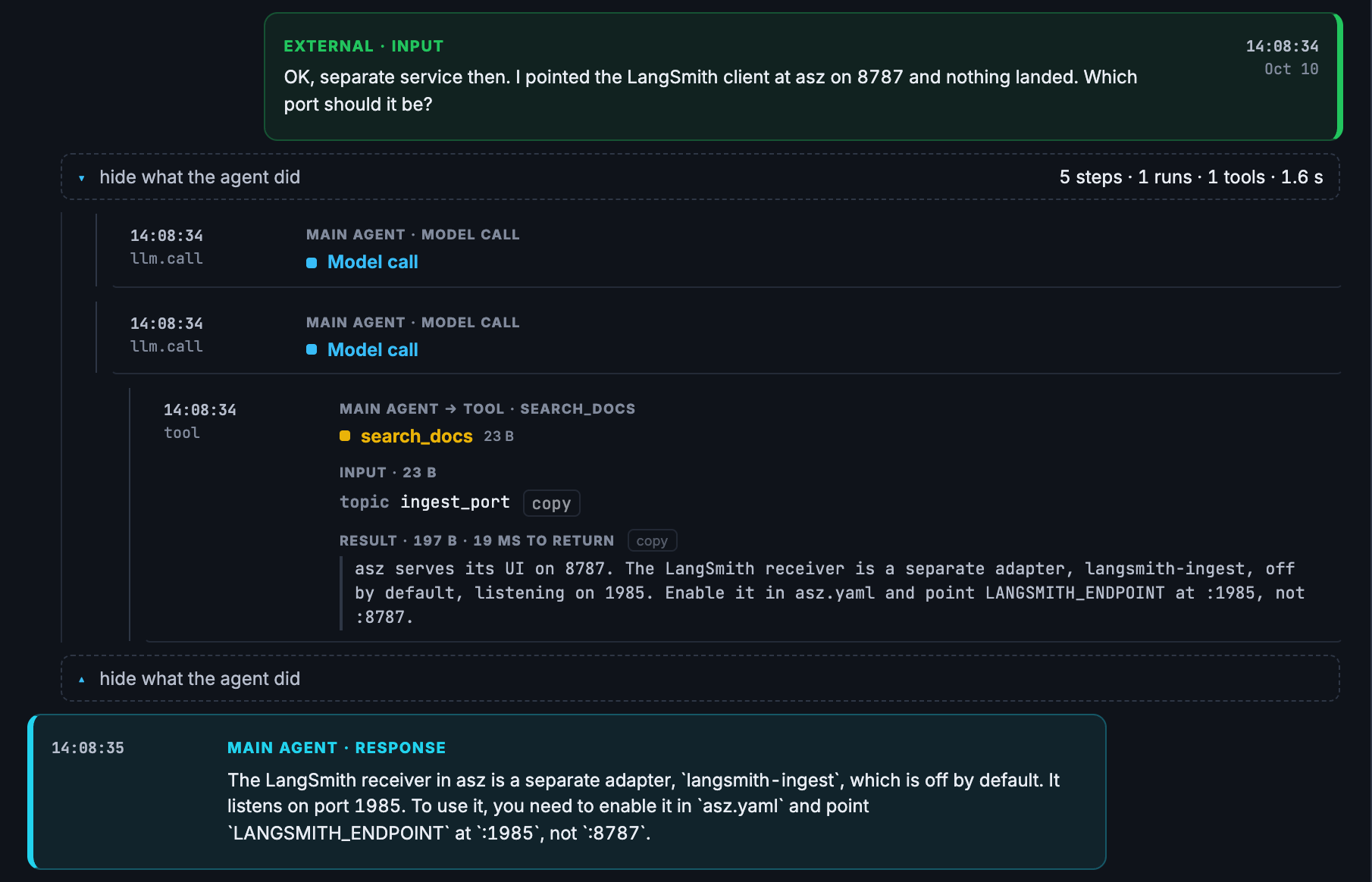 Figure 4: The second talk expanded: two model calls, the search_docs tool step with its input and result, and the agent&rsquo;s response.