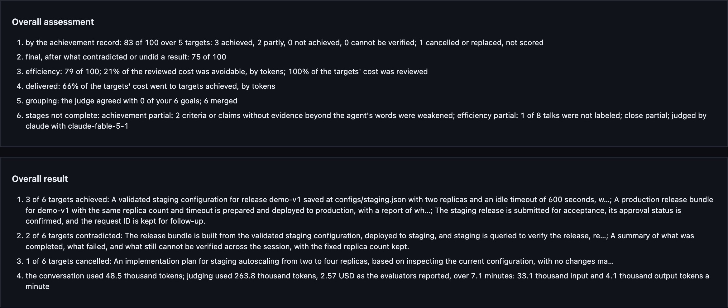 Overall assessment and result: conversation scores, efficiency, evaluation completeness, and usage