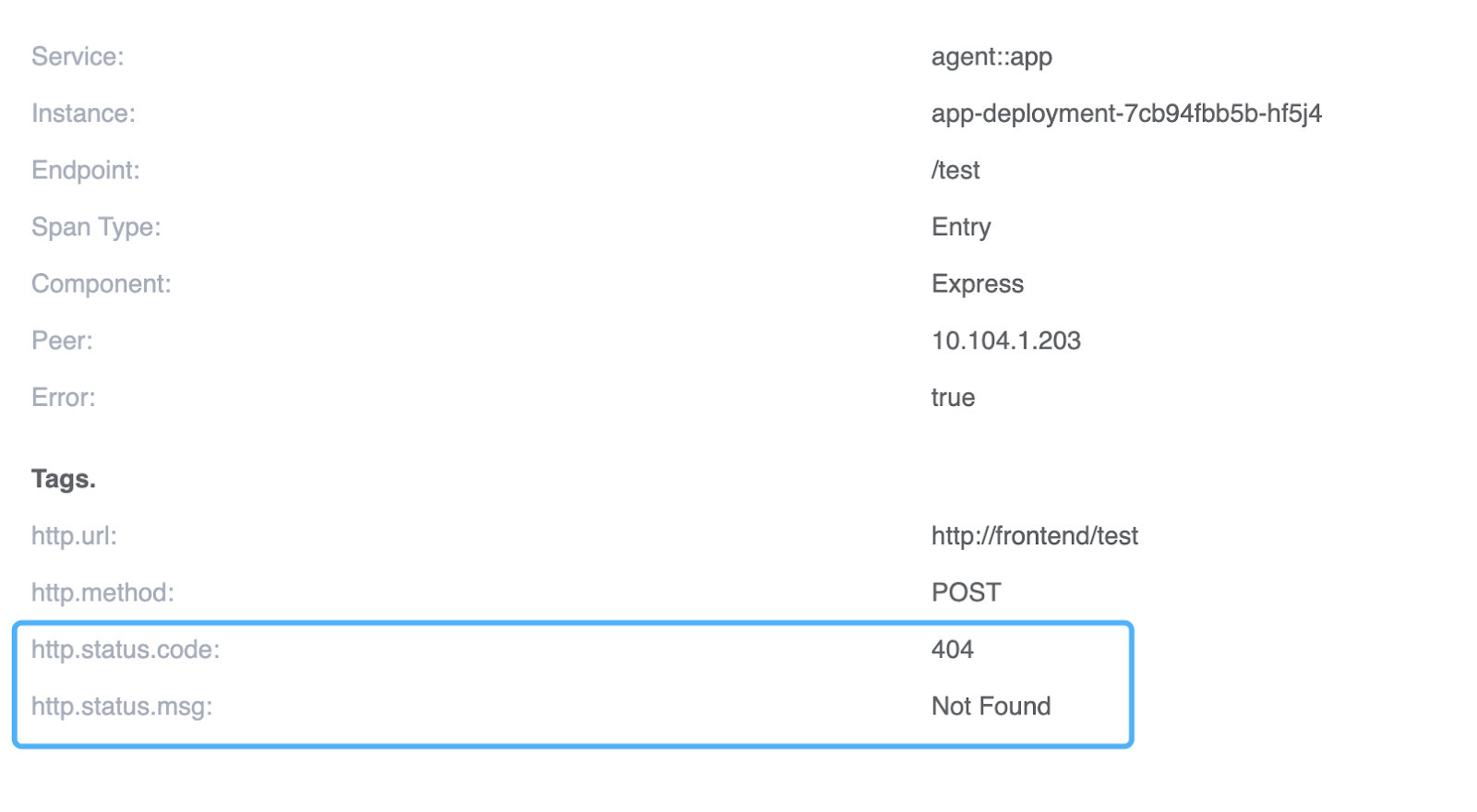Figure 3: A detail view of a request to http://frontend/test showing that the URI doesn’t exist.