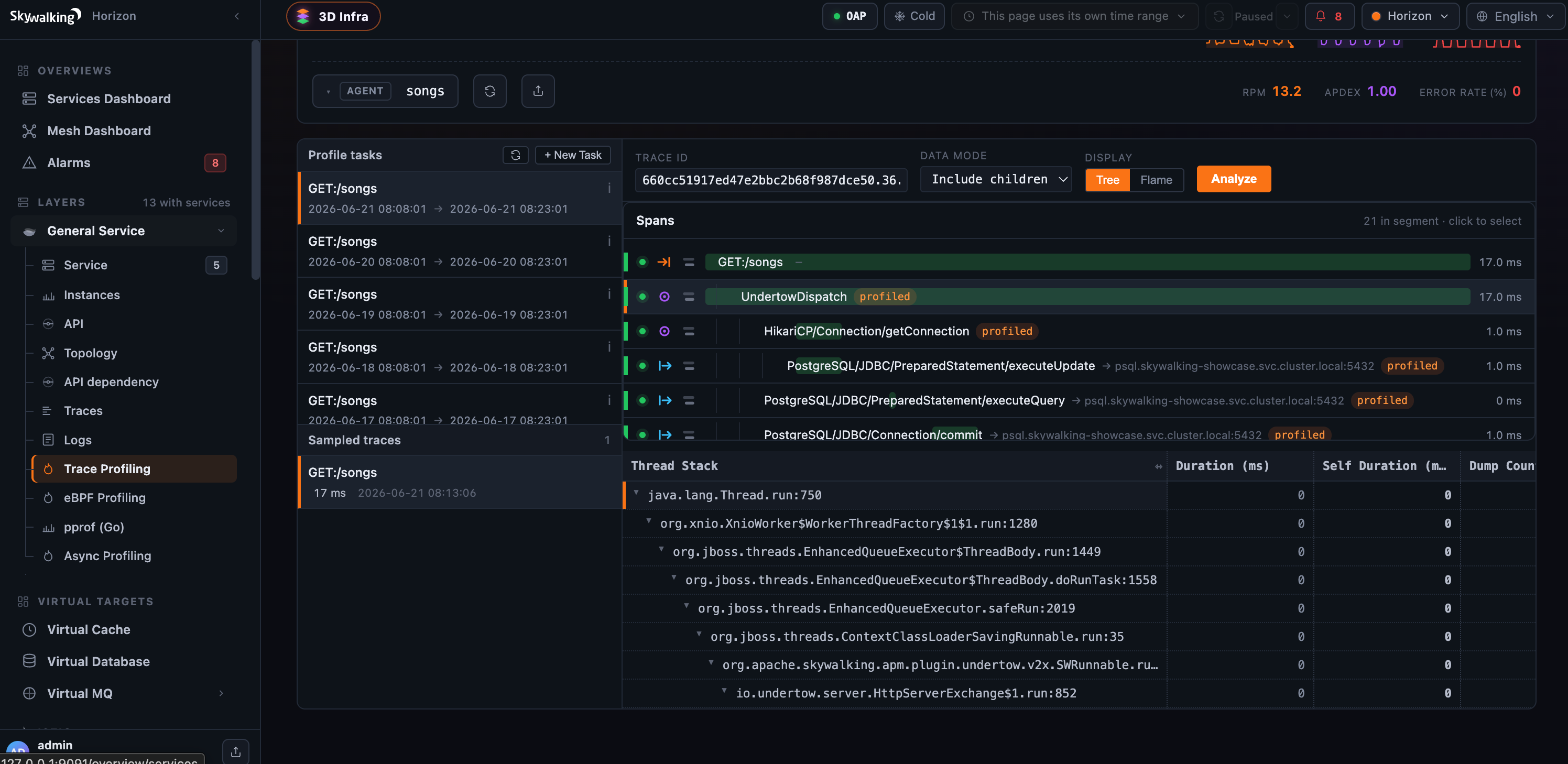 Figure 2: Expand a layer and it fans out into its full workflow — here General Service shows Service, Instances, API, Topology, API dependency, Traces, Logs and four profiling engines, with the selected service&rsquo;s dashboard filling the canvas.